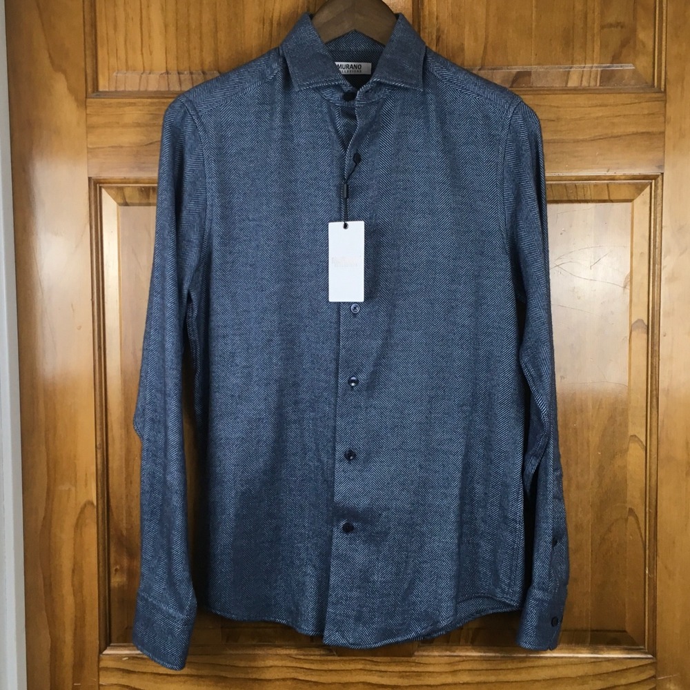 Murano Collezione Mens S Blue Herringbone Canclini Italian Shirt Quiet Luxury